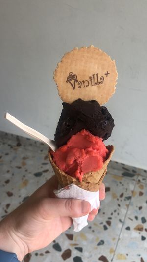 Strawberry and dark chocolate   at Vanilla Plus Gelateria Artigianale in Gozo