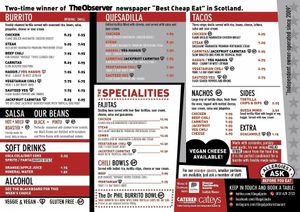 Main Menu at Illegal Jack's in Edinburgh