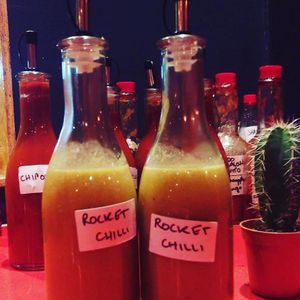 Rocket Chilli Homemade Hot Sauce (one of many we make :) at Illegal Jack's in Edinburgh
