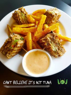 "Fresh catch" sandwich! 
Vegan tuna and cucumber sandwich served with our signature hand cut chunky fries and our special blend of sauce. at The VOV in Negombo