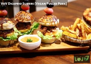 Pulled baby jack fruit (vegan pulled pork) Stuffed in between homemade (VoV)slider buns. Served with spicy Harrissa Sauce and Hand cut fries. at The VOV in Negombo