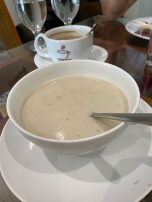 Mushroom soup.  In my taste is wasnt like mushroom soup ,but it's somethink different. More sweet .Very delicious  at The VOV in Negombo