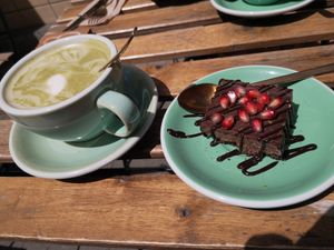 Matcha latte and caramel slice at Life Bar in Leuven