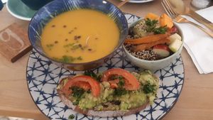 Pumpkin soup with small salad and avocado toast at Life Bar in Leuven