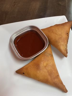 Sambusas with delicious red sauce  at Enatye Ethiopian in Herndon