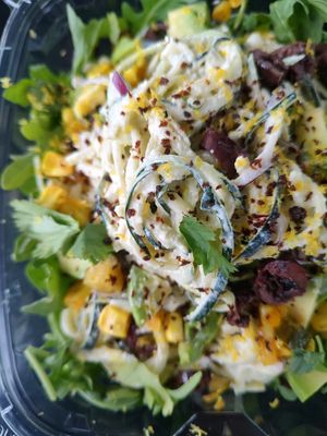 Raw Zucchini Noodles, corn avocado with cashew cream sauce 09-19-24 at Vegan Farmacy in Fort Pierce