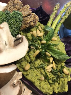 Housemade Basil Hummus...whole farm of veggies and raw onion bread..... at Vegan Farmacy in Fort Pierce