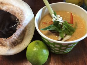 Tom Kha soup...fresh enokis on top of course... at Vegan Farmacy in Fort Pierce