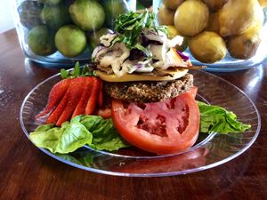 Today’s special....Open faced Bacon Cheeseburger-fennochio onion slaw.... at Vegan Farmacy in Fort Pierce