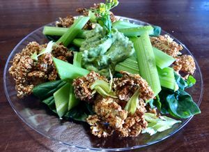 “NoBones” Buffalo bites with Cool Goddess Dipper... at Vegan Farmacy in Fort Pierce