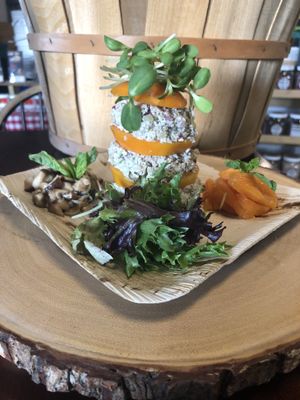 Yellow Tomato Stack with JonnyTuna,Wild Mushroom Rawgout..minted Jackfruit  at Vegan Farmacy in Fort Pierce