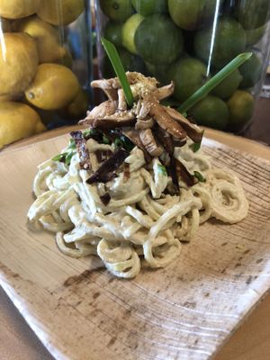 Zoodle Alfredo With Marinated Shitakes Bacon Bits and Chives...Rawlicious  at Vegan Farmacy in Fort Pierce