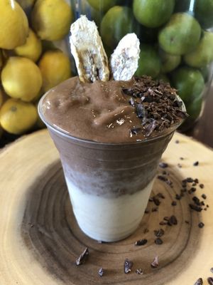Chocolate Monkey Smoothie...Cacao Nibs and Banana Chips on Top...Chocolicious at Vegan Farmacy in Fort Pierce
