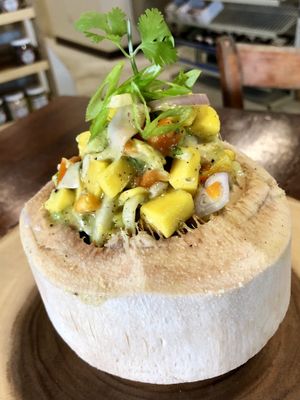 Coconut Ceviche on the Half Shell with Ataulfo Mango and Avocado...So Fresh! at Vegan Farmacy in Fort Pierce