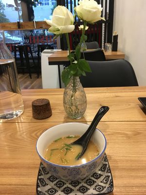 Miso soup, try to ask not to have it too salty at Sushi Panda in Helsinki