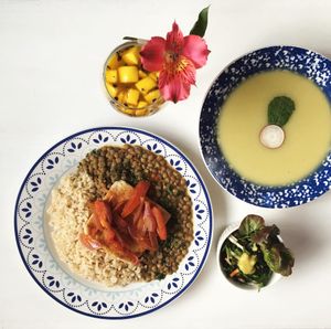 Zucchini soup
Lentils with tofu
Mango and passion fruit dessert at Casa Herbolario in Bogota