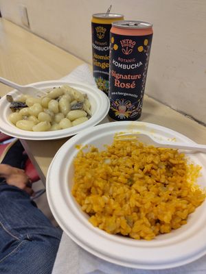 Primi, rice with pumpkin and artichoke and gnocchi with eggplant at Officina Vegana in Naples