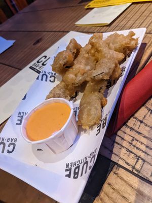 Frickles with sirachi mayo (VE) at The Cube Bar in Poulton-le-fylde