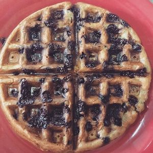 Banana waffle with chocolate drops at AMO Cafe Vegano in Florianopolis