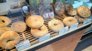 display of various bagels at SF Bagel in Seoul