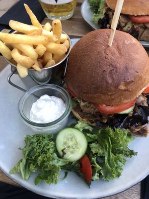 Burger with seitan and vegan Camembert   at Fryends in Brno