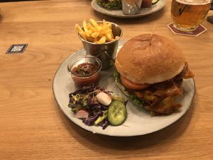 Burger with vegan bacon  at Fryends in Brno
