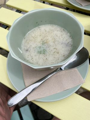 Kulajda soup (mushrooms, potatoes and dill) at Fryends in Brno