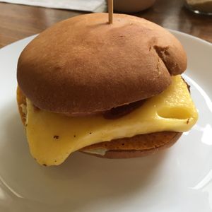 Delicious vegan cheese burger with omelette. at Fryends in Brno