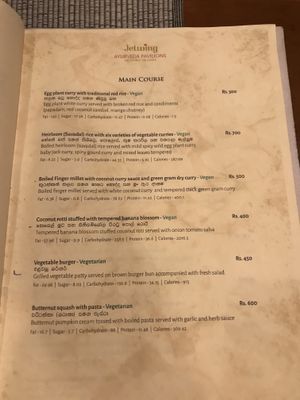 The menu at Jetwing Ayurveda Pavilions in Negombo