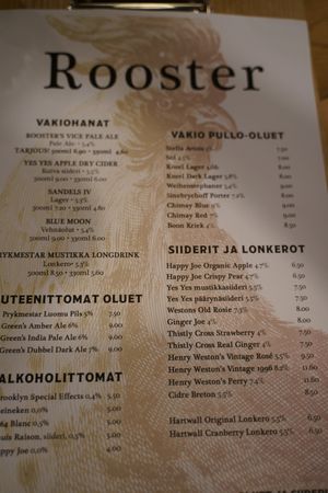 Beer menu at Cafe Rooster in Oulu