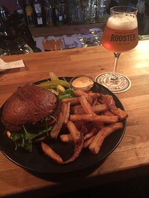 Vegan burger with fries and vegan chili mayo at Cafe Rooster in Oulu