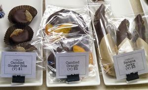 Pineapple, Nectarine, and Pear, dipped in dark chocolate at The Xocolate Bar in Berkeley