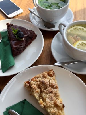 Apple Pie, Brownie, lemon-ginger-Tea and fresh mint-tea  at Wagners Juicery & Health Food in Munich
