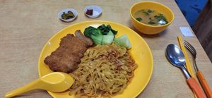 Vegan Chicken cutlet with noodles at Bodhi Deli - 菩提斋 in Central Singapore