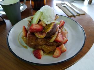 Vegan French toast with coconut icecream at The Natural Choice Cafe in Penrith