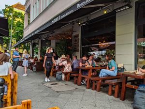 Outside of Mom's Creation - Alt Treptow on a beautiful summer evening at Mom's Creation - Alt Treptow in Berlin