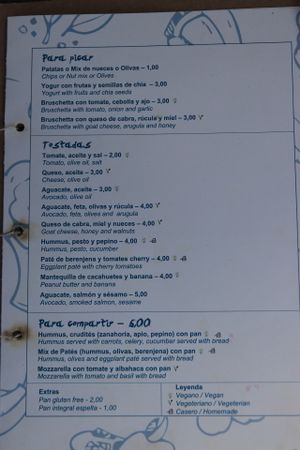 Menu at Cafe ArtySana in Valencia