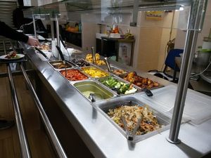 Buffet -- white rice, noodles, potatoes, soup, three main dishes, spring rolls, fried cauliflower at Zau & Bun Cha Asian in Prague