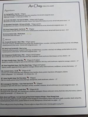 Menu at An Chay in Edmonton