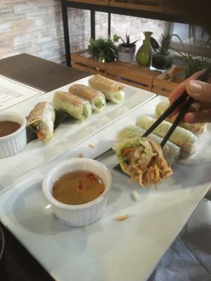 Shredded tofu rolls at the front, sliced tofu rolls at the back at An Chay in Edmonton
