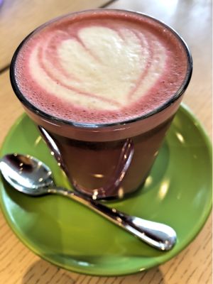 Pink hot healthy vegan drink  at Greater Lot by Cedele in Central Singapore