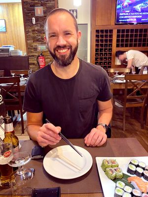 Mixture of sushi (vegan for me and fish for him)  at Sushi & Go in Portimao