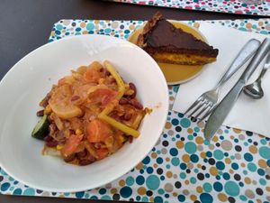 Red beans with vegetables and millet. Chocolate orange cake. at Hygge in Avignon