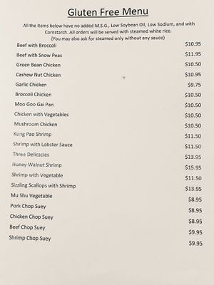 Gluten Free Menu at Chi's Garden Restaurant in Roseburg