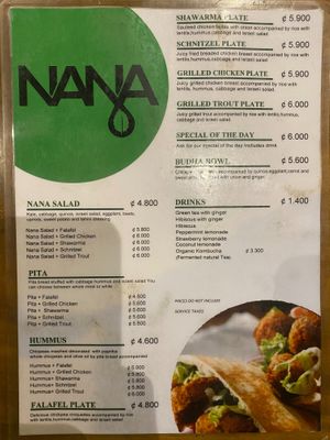Menu at Nana Falafel & Juice Bar in San Jose