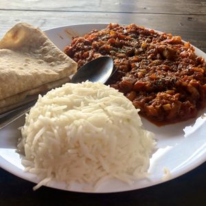Vegan shakshuka, made with soya chunks. at Cafe Catamaran in Alappuzha