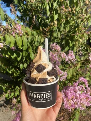 Vegan Thai tea mixed with vegan corn almond  at Magpies Softserve in Tarzana
