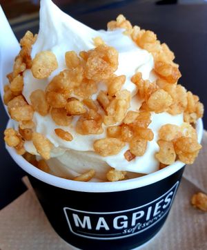 corn almond (vegan) with butterscoth rice crispies (which are not vegan but this was my sons) at Magpies Softserve in Tarzana