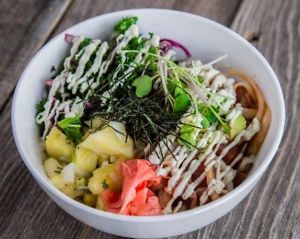 Beet Poke Bowl at Roots + Fruits in Vancouver