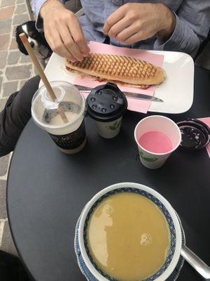 Soup of the day, classic panini, hazelnut shake, beetroot oat latte, and espresso.  at Charlotte's by De Brugsche Tafel in Bruges